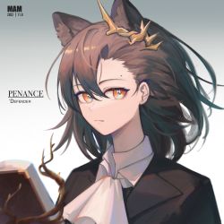 Rule 34 | 1girl, animal ear fluff, animal ears, arknights, ascot, book, brown hair, character name, closed mouth, english text, extra ears, gradient background, grey background, hair ornament, highres, looking at viewer, molingxiang chimangguo, open book, orange eyes, penance (arknights), short hair, solo, upper body, white ascot, wolf ears