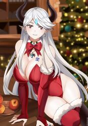 Rule 34 | bow, bowtie, breasts, christmas, christmas tree, cleavage, dragon girl, dragon horns, epic seven, horns, jewelry, large breasts, looking at viewer, luna (epic seven), necklace, pointy ears, red bow, red bowtie, santa costume, smile