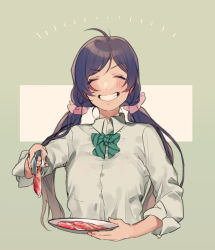Rule 34 | 1girl, ahoge, bow, bowtie, closed eyes, commentary request, cropped torso, dress shirt, food, grin, long hair, love live!, love live! school idol project, low twintails, meat, nagimori shou, otonokizaka school uniform, plate, purple hair, school uniform, shirt, smile, solo, striped bow, striped bowtie, striped clothes, striped neckwear, tongs, tojo nozomi, twintails, two-tone background, upper body, white shirt