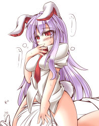 Rule 34 | 1boy, 1girl, ^^^, animal ears, between breasts, blush, bottomless, breasts, finger to mouth, girl on top, hand on another&#039;s head, hetero, large breasts, long hair, mumumu, necktie, necktie between breasts, purple hair, rabbit ears, rabbit tail, red eyes, red necktie, reisen udongein inaba, simple background, sitting, sitting on face, sitting on person, slit pupils, tail, thighs, thumbs up, touhou, white background