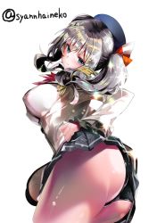 Rule 34 | 10s, 1girl, blue eyes, breasts, furisuku, hat, kantai collection, kashima (kancolle), large breasts, long hair, military, military uniform, miniskirt, panties, silver hair, skirt, smile, solo, twitter username, underwear, uniform
