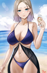 Rule 34 | 1girl, alcohol, azur lane, bare shoulders, bikini, blue eyes, blue sky, breasts, choister, cleavage, cup, highres, holding, holding cup, large breasts, light brown hair, looking at viewer, nail polish, navel, new orleans (azur lane), o-ring, outdoors, pink nails, purple bikini, sky, swimsuit, water