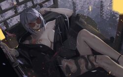 Rule 34 | 1girl, anklet, arm tattoo, bare legs, belt, black choker, bracelet, breast tattoo, breasts, choker, cleavage, commentary, dark, elbow rest, english commentary, falling petals, feet out of frame, flower tattoo, from above, grey hair, hands up, highres, holding, holding sword, holding weapon, japanese clothes, jewelry, kimono, leg tattoo, looking at viewer, looking over eyewear, low neckline, lying, medium breasts, medium hair, nail polish, neo (neorarty3), on back, original, outdoors, parted bangs, partially undressed, perspective, petals, red-tinted eyewear, red belt, revealing clothes, rope belt, round eyewear, short kimono, shoulder tattoo, sidelighting, snake tattoo, solo, sword, tattoo, tinted eyewear, weapon
