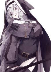 Rule 34 | 1girl, ankoro mochi, arknights, belt, belt buckle, black dress, black nails, black thighhighs, buckle, cowboy shot, dress, grey eyes, habit, head tilt, highres, holding, holding weapon, jewelry, long sleeves, looking at viewer, nail polish, necklace, nun, pale skin, parted lips, pelvic curtain, red hair, sharp teeth, simple background, smile, solo, specter (arknights), striped, teeth, thighhighs, vertical stripes, weapon, white background