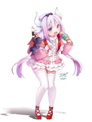 Rule 34 | 10s, 1girl, backpack, bag, black hairband, blue eyes, character name, dated, dragon girl, dragon horns, flute, food, full body, hairband, highres, horns, ice cream, ika (4801055), instrument, kanna kamui, kobayashi-san chi no maidragon, light purple hair, long hair, looking at viewer, open mouth, randoseru, recorder, shadow, signature, simple background, skirt, solo, standing, thighhighs, thighs, twintails, white background, white skirt, white thighhighs, zettai ryouiki