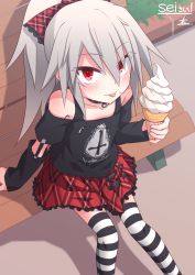 Rule 34 | 1girl, bare shoulders, bench, blonde hair, cross, elena trafalgar, eyes visible through hair, food, from above, highres, ice cream, ice cream cone, ikune juugo, inverted cross, looking at viewer, original, ponytail, punk, punkish gothic, red eyes, sitting, solo, striped clothes, striped thighhighs, thighhighs, tongue, tongue out