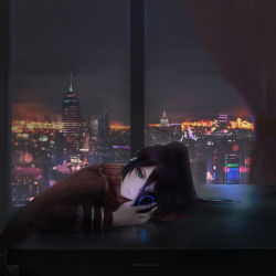Rule 34 | 1girl, absurdres, aoi ogata, black hair, blue eyes, city, cityscape, commission, dark, earbuds, earphones, highres, indoors, night, original, ponytail, scarf, solo, table