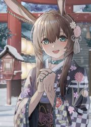 Rule 34 | 1girl, :d, absurdres, alternate costume, amiya (arknights), animal ears, arknights, black kimono, blush, brown hair, day, eyebrows hidden by hair, flower, green eyes, hair flower, hair ornament, highres, japanese clothes, jewelry, kimono, lantern, long hair, long sleeves, looking at viewer, material growth, meganeno dokitsui, multiple rings, obi, open mouth, oripathy lesion (arknights), outdoors, own hands together, pink flower, print kimono, rabbit ears, ring, sash, sidelocks, smile, snow, snowing, solo, teeth, torii, upper body, upper teeth only, wide sleeves