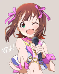 Rule 34 | 1girl, :d, amami haruka, anniversary, bare shoulders, blush, breasts, brown hair, choker, cleavage, crop top, cropped jacket, dot nose, goma konbu, green eyes, hair ribbon, hand up, highres, holding, holding microphone, idolmaster, idolmaster (classic), idolmaster million live!, idolmaster million live! theater days, jacket, light brown background, looking at viewer, medium breasts, microphone, midriff, multicolored clothes, multicolored jacket, navel, one eye closed, open clothes, open jacket, open mouth, pink choker, pink diamond 765 (idolmaster), pink ribbon, pink shirt, pink wrist cuffs, reaching, reaching towards viewer, ribbon, shirt, short hair, simple background, sleeveless, sleeveless jacket, smile, solo, strapless, strapless shirt, two-tone jacket, upper body, v, wrist cuffs
