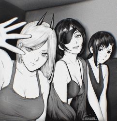 Rule 34 | 3girls, absurdres, bra, breasts, chainsaw man, chromatic aberration, cleavage, cross-shaped pupils, eyepatch, film grain, frown, greyscale, hair behind ear, hair ornament, hairclip, higashiyama kobeni, highres, himeno (chainsaw man), horns, large breasts, marvin (omarvin), medium breasts, monochrome, multiple girls, nervous, open mouth, ponytail, power (chainsaw man), signature, smile, sweat, symbol-shaped pupils, tank top, twitter logo, twitter username, underwear