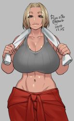 Rule 34 | 1girl, abs, agawa ryou, bra, breasts, brown eyes, brown hair, clothes around waist, commentary, dated, english commentary, forehead, grey background, grey bra, huge breasts, lips, long hair, looking at viewer, midriff, muscular, muscular female, navel, original, pants, red pants, shiny skin, signature, solo, sports bra, tan, toned, towel, towel around neck, underwear