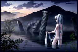 Rule 34 | 1girl, absurdly long hair, blurry, border, depth of field, holding, holding hair, long hair, mountain, nude, original, partially submerged, red eyes, ruins, scenery, solo, technoheart, twintails, very long hair, wading, water, wet, white hair, yellow eyes