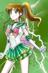 Rule 34 | 1girl, bishoujo senshi sailor moon, bow, brown hair, choker, circlet, clenched hand, closed mouth, elbow gloves, embellished costume, female focus, gloves, green background, green eyes, green sailor collar, green skirt, hair bobbles, hair ornament, high ponytail, highres, kino makoto, light smile, long hair, magical girl, marimo ill, pink bow, pleated skirt, ponytail, sailor collar, sailor jupiter, sailor moon musical, sailor senshi uniform, skirt, solo, sparkle, white gloves