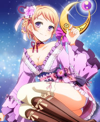 Rule 34 | 1girl, bare shoulders, blonde hair, blue background, boots, bow, braid, breasts, brown footwear, choker, cleavage, collarbone, flower, flower knight girl, german iris (flower knight girl), hair flower, hair ornament, highres, japanese clothes, kimono, knee boots, large breasts, lolita fashion, looking at viewer, masako (sabotage-mode), panties, pink skirt, purple bow, purple eyes, short hair, sitting, skirt, smile, solo, staff, thighhighs, thighhighs under boots, underwear, wa lolita, white panties, white thighhighs