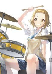 Rule 34 | 1girl, :d, absurdres, arm up, bad id, bad pixiv id, black skirt, blue ribbon, brown eyes, brown hair, collared shirt, drum, drum set, drumsticks, feet out of frame, forehead, grin, hairband, highres, holding, huge filesize, instrument, k-on!, kimyo, looking at viewer, miniskirt, neck ribbon, open mouth, revision, ribbon, school uniform, shirt, short hair, short sleeves, simple background, sitting, skirt, smile, solo, stool, sweater vest, tainaka ritsu, teeth, white background, white shirt, wing collar, yellow hairband