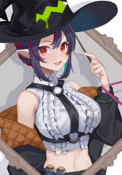 Rule 34 | 1girl, :d, amahara subaru, bare shoulders, black hair, black hat, black jacket, braid, breasts, center frills, collared shirt, crop top, fang, frilled shirt, frills, hand up, harness, hat, highres, holding, indie virtual youtuber, isonade orca, jacket, large breasts, long sleeves, looking at viewer, midriff, multicolored hair, navel, off shoulder, open clothes, open jacket, open mouth, pointy ears, red eyes, shirt, short hair, sidelocks, sleeveless, sleeveless shirt, smile, solo, stomach, strap, streaked hair, test tube, turtleneck, upper body, virtual youtuber, wand, white shirt, witch hat