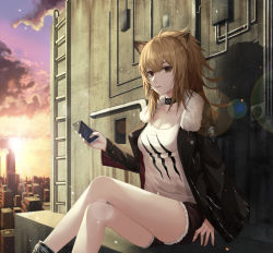 Rule 34 | 1girl, animal ear fluff, animal ears, arknights, bad id, bad pixiv id, bare legs, black choker, black jacket, black shorts, brown eyes, brown hair, cellphone, choker, city, commentary, crossed legs, fall (aki), feet out of frame, fur-trimmed jacket, fur-trimmed shorts, fur trim, hair between eyes, holding, holding phone, jacket, ladder, lion ears, long hair, long sleeves, looking at viewer, mouth hold, open clothes, open jacket, phone, shadow, shirt, short shorts, shorts, siege (arknights), sitting, skyline, smartphone, solo, t-shirt, thighs, white shirt