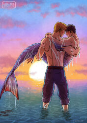 Rule 34 | 2boys, bara, black hair, blonde hair, blush, couple, cris art, denim, facial hair, feet out of frame, fins, from behind, gradient sky, hulkling, jeans, long sideburns, male focus, marvel, merman, monster boy, monsterification, multiple boys, no eyes, nude, ocean, pants, pants rolled up, pectorals, short hair, sideburns, sideburns stubble, sky, smile, stubble, sunset, thick eyebrows, toned, toned male, topless male, wet, wiccan, yaoi