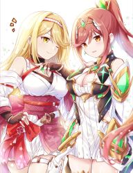 Rule 34 | alternate costume, aunt and niece, blonde hair, breasts, chest jewel, cosplay, glimmer (xenoblade), glimmer (xenoblade) (cosplay), highres, large breasts, mythra (xenoblade), mythra (xenoblade) (cosplay), red eyes, ui frara, xenoblade chronicles (series), xenoblade chronicles 2, xenoblade chronicles 3, xenoblade chronicles 3: future redeemed, yellow eyes