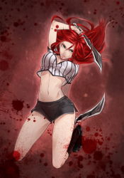 Rule 34 | 1girl, blood, blood splatter, dagger, esther shen, full body, green eyes, highres, katarina (league of legends), kneeling, knife, league of legends, licking lips, midriff, navel, red hair, referee, scar, shorts, solo, tongue, tongue out, weapon