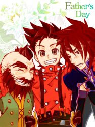 Rule 34 | 00s, 3boys, age difference, beard, blush, brown eyes, brown hair, buttons, dirk (tales), dwarf, facial hair, fang, father&#039;s day, father and son, floral background, grin, kratos aurion, lloyd irving, looking at viewer, male focus, mohawk, multiple boys, oekaki, red hair, red shirt, shirt, short hair, smile, suspenders, sweatdrop, tales of (series), tales of symphonia, upper body, weapon