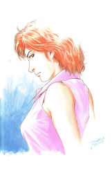 Rule 34 | 1980s (style), 1girl, alternate color, alternate hair color, city hunter, highres, houjou tsukasa, looking at viewer, looking back, looking to the side, makimura kaori, official art, oldschool, orange eyes, orange hair, pink shirt, profile, retro artstyle, shirt, short hair, simple background, sleeveless, sleeveless shirt, solo