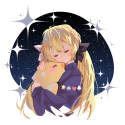 Rule 34 | 1girl, blonde hair, blue sweater, blush stickers, closed eyes, closed mouth, club (shape), dokibird (vtuber), dragoon (dokibird), heart, hug, indie virtual youtuber, kirai illust, long hair, long sleeves, sky, spade (shape), star (sky), star (symbol), starry background, starry sky, sweater, twintails, upper body, virtual youtuber, white background