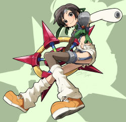 Rule 34 | 1girl, black eyes, black hair, black thighhighs, blush, closed mouth, crop top, eyebrows, final fantasy, final fantasy vii, full body, garter straps, green background, green shirt, headband, holding, holding weapon, huge weapon, io naomichi, leg warmers, navel, ninja, open fly, orange footwear, ribbed shirt, shirt, shoes, short hair, shorts, shoulder pads, shuriken, silhouette, single bare shoulder, single thighhigh, sleeveless, sleeveless shirt, smile, sneakers, solo, stomach, thighhighs, v-shaped eyebrows, weapon, white shorts, white thighhighs, yuffie kisaragi