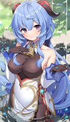 Rule 34 | 1girl, absurdres, ahoge, bare shoulders, bell, black gloves, blue hair, breasts, closed mouth, collarbone, detached collar, detached sleeves, falling petals, flower, flower knot, ganyu (genshin impact), genshin impact, gloves, goat horns, gold trim, grass, hands up, highres, horns, large breasts, leotard, light smile, long hair, looking at viewer, neck bell, open hand, outdoors, pelvic curtain, petals, petals on liquid, red eyes, rock, sidelocks, solo, suiroh (shideoukami), taut clothes, very long hair, vision (genshin impact), wading, water, waterfall, wavy hair