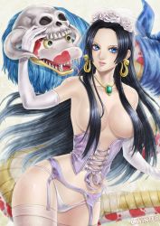 Rule 34 | 1girl, artist name, black hair, blue eyes, boa hancock, breasts, bridal veil, corset, earrings, flower, garter belt, garter straps, hair censor, hair flower, hair ornament, highres, jewelry, large breasts, lingerie, long hair, looking at viewer, necklace, one piece, parted lips, print thighhighs, rose, salome (one piece), smile, snake, snake earrings, solo, thighhighs, underwear, veil, very long hair, white flower, white rose, winter (winter168883)