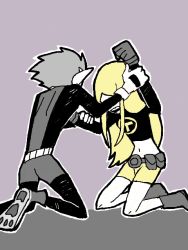 Rule 34 | 1boy, 1girl, beast boy (dc), blonde hair, cartoon network, clenched hand, colored skin, dc comics, gloves, green hair, green skin, image sample, kneeling, paw shoes, pixiv sample, shoes, shorts, spot color, teen titans, terra (dc)