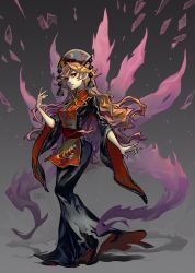 Rule 34 | 1girl, animal print, arlmuffin, black background, black dress, blonde hair, breasts, chinese clothes, crescent, dress, energy, expressionless, fire, fox tail, full body, gradient background, grey background, hand up, hat, highres, hip focus, junko (touhou), long hair, long sleeves, looking at viewer, multiple tails, nose, obi, open mouth, parted lips, red eyes, red pupils, ribbon, sash, shards, sideways glance, signature, solo, standing, tabard, tail, touhou, very long hair, wide sleeves