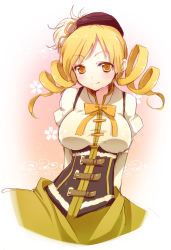Rule 34 | 10s, 1girl, arms behind back, bad id, bad pixiv id, blonde hair, buckle, corset, drill hair, hat, hattori masaki, highres, magical girl, mahou shoujo madoka magica, mahou shoujo madoka magica (anime), smile, solo, tomoe mami, twin drills, twintails, yellow eyes
