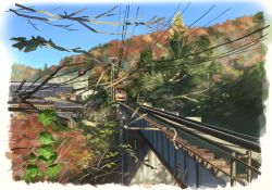 Rule 34 | brush stroke, building, commentary request, highres, locomotive, no humans, original, outdoors, overhead line, power lines, railroad tracks, scenery, sky, train, yakan (2281101)