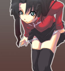 Rule 34 | 00s, 1girl, bent over, black thighhighs, fate/stay night, fate (series), female focus, green eyes, looking at viewer, non-web source, panties, panty pull, skirt, solo, thighhighs, tohsaka rin, underwear, zettai ryouiki