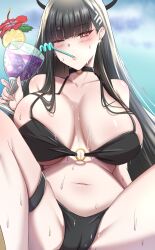 Rule 34 | 1girl, absurdres, bendy straw, bikini, black bikini, black hair, blue archive, blush, breasts, bright pupils, commentary, cup, drinking, drinking straw, halo, highres, holding, holding cup, large breasts, long hair, o-ring, o-ring bikini, one eye closed, panvyru, red eyes, rio (blue archive), solo, swimsuit, symbol-only commentary, thigh strap, very long hair, wet, white pupils