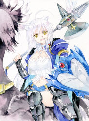 Rule 34 | 10s, 1girl, agahari, ahoge, animal ears, armor, axe, bad id, bad pixiv id, battle axe, bow, braid, breasts, cat ears, cleavage, dog days, dog ears, fangs, fingerless gloves, gloves, hair bow, large breasts, leonmitchelli galette des rois, long hair, navel, open mouth, painting (medium), shield, slit pupils, solo, traditional media, weapon, white hair, yellow eyes