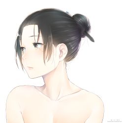 Rule 34 | 1girl, bad id, bad pixiv id, bare shoulders, black hair, blush, brown eyes, collarbone, dated, drawrepulser, embarrassed, hair bun, highres, lips, looking to the side, neck, original, parted lips, pink lips, portrait, simple background, single hair bun, solo, stylus, upper body, watermark, web address, white background