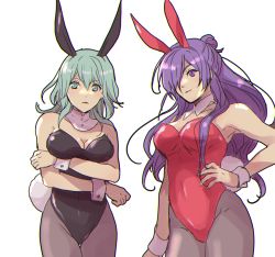 Rule 34 | 2girls, absurdres, animal ears, artist request, bow, bowtie, breasts, byleth (female) (fire emblem), byleth (fire emblem), cleavage, closed mouth, detached collar, enlightened byleth (female), fake animal ears, fire emblem, fire emblem: three houses, fire emblem warriors: three hopes, hair bun, hair over one eye, highres, large breasts, leotard, long hair, looking at viewer, multiple girls, nintendo, pantyhose, playboy bunny, rabbit ears, shez (female) (fire emblem), shez (fire emblem), tail, wrist cuffs