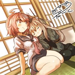 Rule 34 | 10s, 2girls, ahoge, blonde hair, blush, commentary request, darkside, closed eyes, garrison cap, hair ornament, hat, i-58 (kancolle), indoors, kantai collection, leaning on person, leaning to the side, long hair, multiple girls, neckerchief, pink eyes, pink hair, school swimsuit, school uniform, serafuku, short hair, short sleeves, shouji, side-by-side, signature, sitting, sleeping, sleeping on person, sliding doors, swimsuit, swimsuit under clothes, tatami, u-511 (kancolle), uniform, wavy mouth