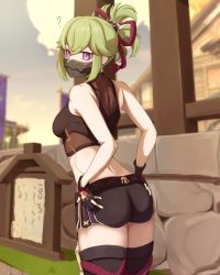 Rule 34 | 1girl, ?, ass, back, bare arms, bare shoulders, belt, black gloves, black shorts, black thighhighs, blurry, blurry background, breasts, building, crop top, fishnet top, fishnets, from behind, genshin impact, gloves, green hair, hair ornament, hands on own hips, highres, kuki shinobu, looking at viewer, looking back, mask, medium breasts, midriff, mockingeu, mouth mask, ninja, ninja mask, outdoors, partially fingerless gloves, purple eyes, shirt, short ponytail, short shorts, shorts, sky, sleeveless, sleeveless shirt, solo, thighhighs