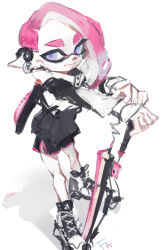 Rule 34 | 1girl, absurdres, arms up, asymmetrical hair, black footwear, black jacket, black shorts, closed mouth, cross-laced footwear, dolphin shorts, earrings, female focus, forehead, full body, hands on hilt, highres, ink tank (splatoon), inkling, inkling girl, inkling player character, jacket, jewelry, long sleeves, looking at viewer, nintendo, odake, outstretched arms, own hands together, pale skin, pink hair, planted, pointy ears, purple eyes, shoes, short hair, short shorts, shorts, side slit, simple background, sketch, sneakers, solo, splatana wiper (splatoon), splatoon (series), standing, tentacle hair, tentacles, white background