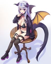 Rule 34 | 1girl, absurdres, bikini, black bikini, black footwear, black jacket, black thighhighs, boots, breasts, candy, choker, cleavage, dragon girl, dragon horns, dragon tail, dragon wings, food, food in mouth, frilled choker, frills, front-tie bikini top, front-tie top, has bad revision, has downscaled revision, headdress, highres, holding, horns, jacket, large breasts, lollipop, long hair, long sleeves, looking at viewer, mask, mask pull, mouth mask, multi-strapped bikini, multicolored hair, nail polish, navel, open clothes, open jacket, open mouth, original, purple eyes, resolution mismatch, shouhei, side-tie bikini bottom, silver hair, sitting, sitting on table, solo, source smaller, stomach, streaked hair, string bikini, swimsuit, table, tail, thighhighs, thighs, wings