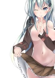 Rule 34 | 10s, 1girl, ;), blush, breasts, cleavage, clothes lift, commentary request, female focus, finger to mouth, green eyes, green hair, groin, hair ornament, hairclip, harenchi, jacket, kantai collection, large breasts, long hair, looking at viewer, matching hair/eyes, navel, no bra, no panties, one eye closed, open clothes, pleated skirt, school uniform, simple background, skirt, skirt lift, smile, solo, suzuya (kancolle), white background