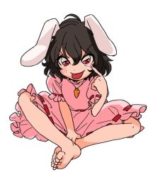 Rule 34 | 1girl, :p, akanbe, animal ears, barefoot, black hair, carrot necklace, crossed ankles, discowars, eyelid pull, finger to eye, hair between eyes, inaba tewi, jewelry, necklace, pink shirt, pink skirt, rabbit ears, red eyes, ribbon-trimmed clothes, ribbon-trimmed skirt, ribbon trim, shirt, short hair, short sleeves, simple background, skirt, solo, tongue, tongue out, touhou, wavy hair, white background