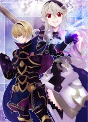 Rule 34 | 1boy, 1girl, armor, blonde hair, book, cape, corrin (female) (fire emblem), corrin (fire emblem), fire emblem, fire emblem fates, gloves, holding, holding book, holding sword, holding weapon, leo (fire emblem), looking at viewer, nintendo, outline, pointy ears, red eyes, smile, standing, sword, weapon, white hair