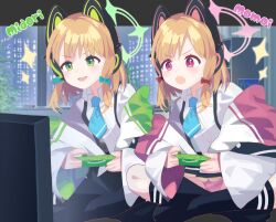 Rule 34 | 2girls, animal ear headphones, animal ears, blonde hair, blue archive, blue necktie, blush, bow, cat ear headphones, controller, crossed legs, fake animal ears, game controller, green bow, green eyes, green halo, halo, headphones, highres, holding, holding controller, holding game controller, homulily, indoors, jacket, kneehighs, long sleeves, low-tied sidelocks, midori (blue archive), momoi (blue archive), multiple girls, necktie, open clothes, open mouth, pink eyes, pink halo, playing games, pleated skirt, ribbon, shirt, siblings, sisters, skirt, smile, socks, sparkle, television, twins, white shirt, window