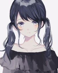 Rule 34 | 1girl, bare shoulders, black dress, blush, closed mouth, collarbone, dress, grey background, looking at viewer, original, p2 (uxjzz), purple eyes, purple hair, simple background, solo, tears, twintails, upper body