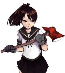 Rule 34 | 1girl, axe, brown eyes, brown hair, commentary request, fire axe, gloves, holding, holding weapon, kantai collection, kurou (bcrow), open mouth, pleated skirt, ponytail, ribbon, sailor collar, school uniform, serafuku, shikinami (kancolle), skirt, weapon, white background
