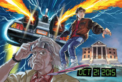 Rule 34 | 2015, 2boys, back to the future, blue eyes, brown hair, building, dated, delorean, denim, electricity, emmett brown, fire, flying car, grey hair, highres, hoverboard, jacket, jeans, looking at viewer, marty mcfly, mujun kamen, multiple boys, outdoors, pants, school